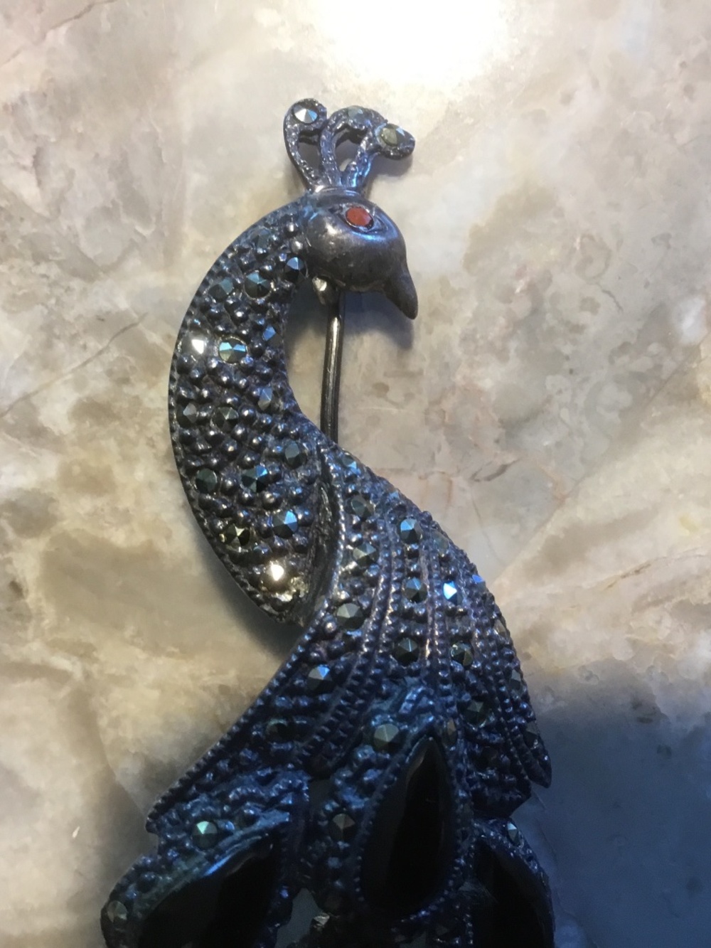 Sterling 925 ONYX Peacock Brooch (latch hook missing) - Picture 3 of 11